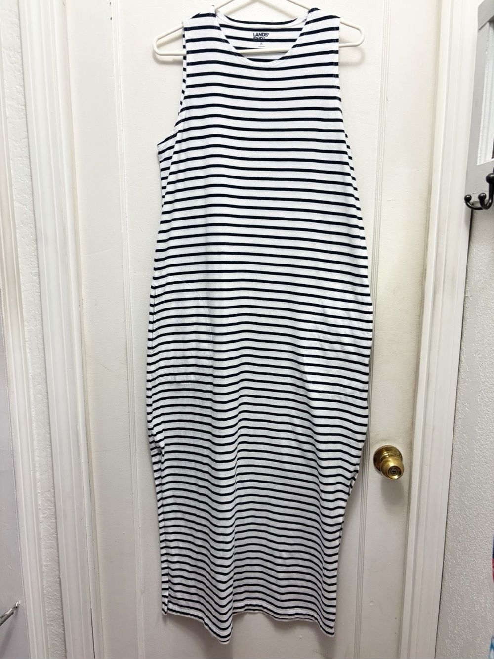 Lands’ End Navy White Striped Maxi Dress Sleeveless Pockets Casual Nautical